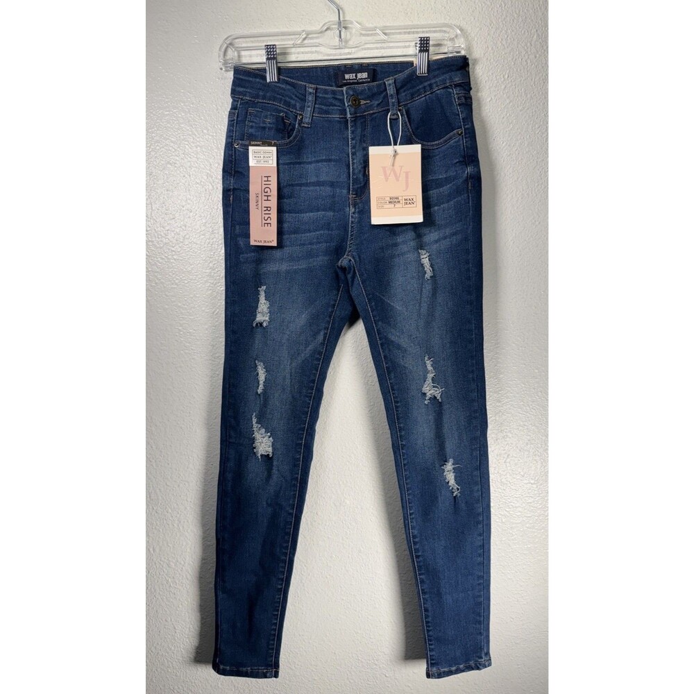 Wax Jean High Rise Denim Skinny Jeans Medium Blue Wash Ripped Distressed Sz 7